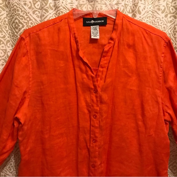 Sag Harbor 100% Linen Orange Button Front Faux Cami Long Sleeve Shirt NWOT - Picture 6 of 16